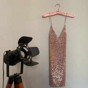 Pink Sequin Strappy Slinky Low Back Dress